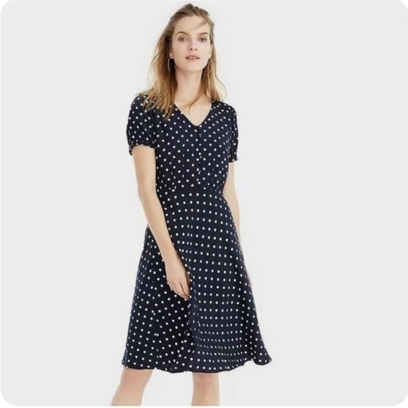 J. Crew Dresses & Skirts - Jcrew Short Sleeve Dress Polka Dot Navy Blue White V Neck Swingy